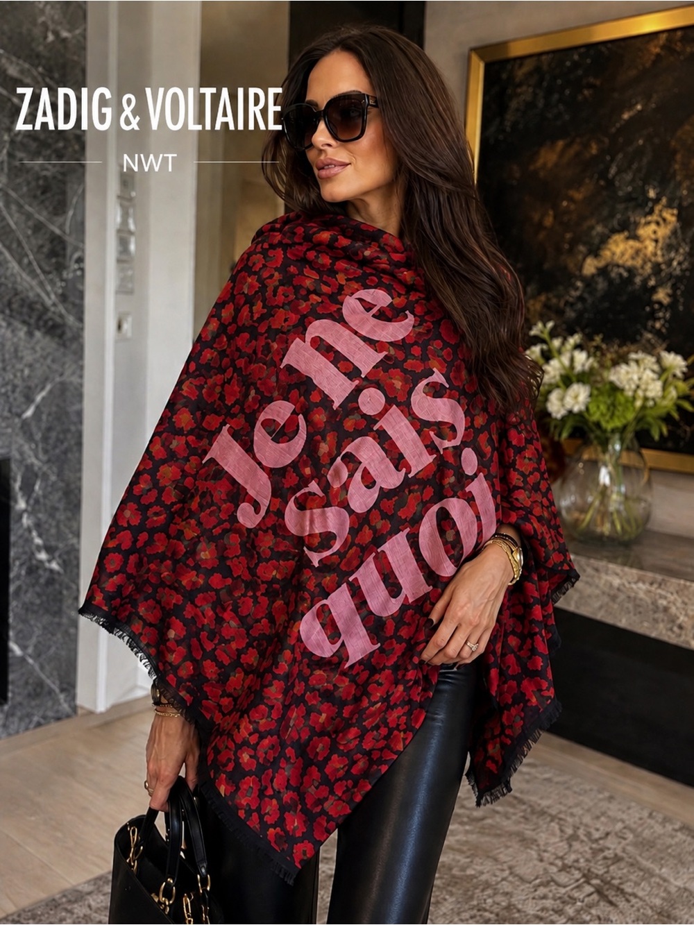 Zadig & Voltaire Red and Black Floral Logo Shawl (retails $198)